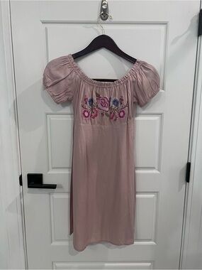 Feathers Blush Pink Embroidered Off-Shoulder Mini Dress
